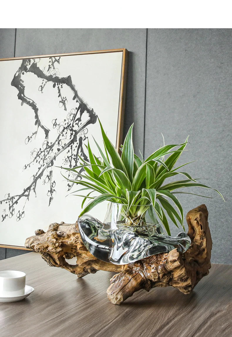 Vase Verre Soufflé et Bois Flotté