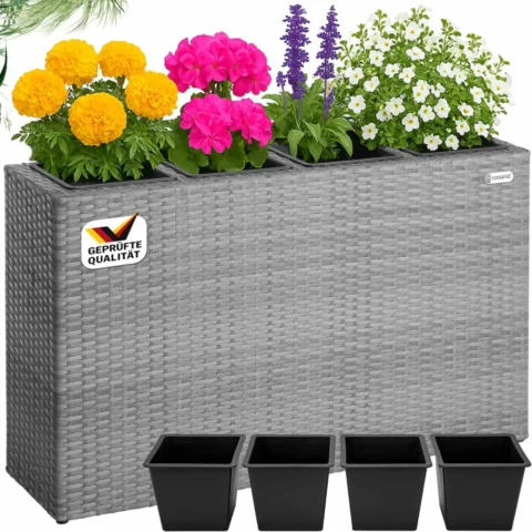 Bac à fleurs sur pieds en polyrotin gris lot de 4