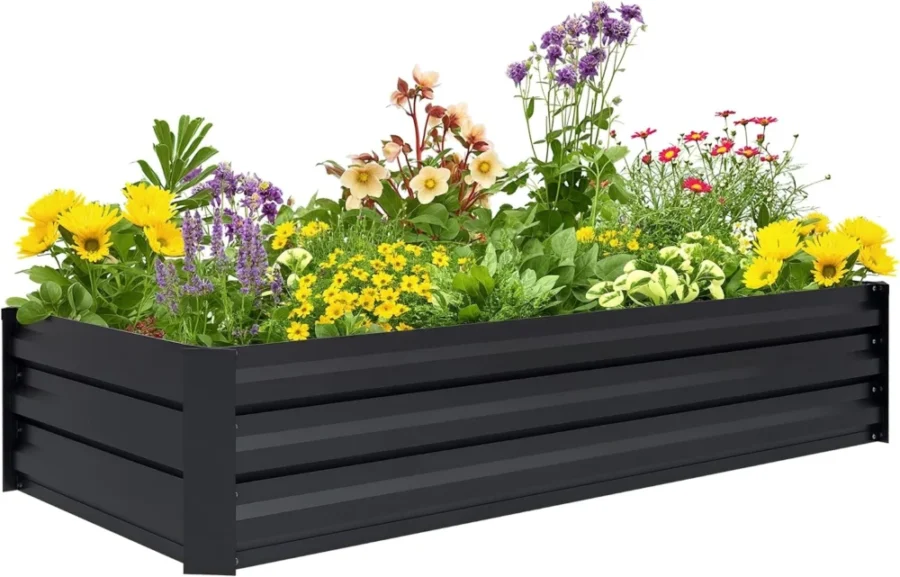 Bac à fleurs surélevé en acier noir, 150 cm de long