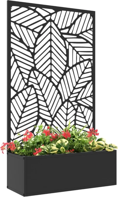 Brise-vue en métal avec jardinière, grandes feuilles, noir