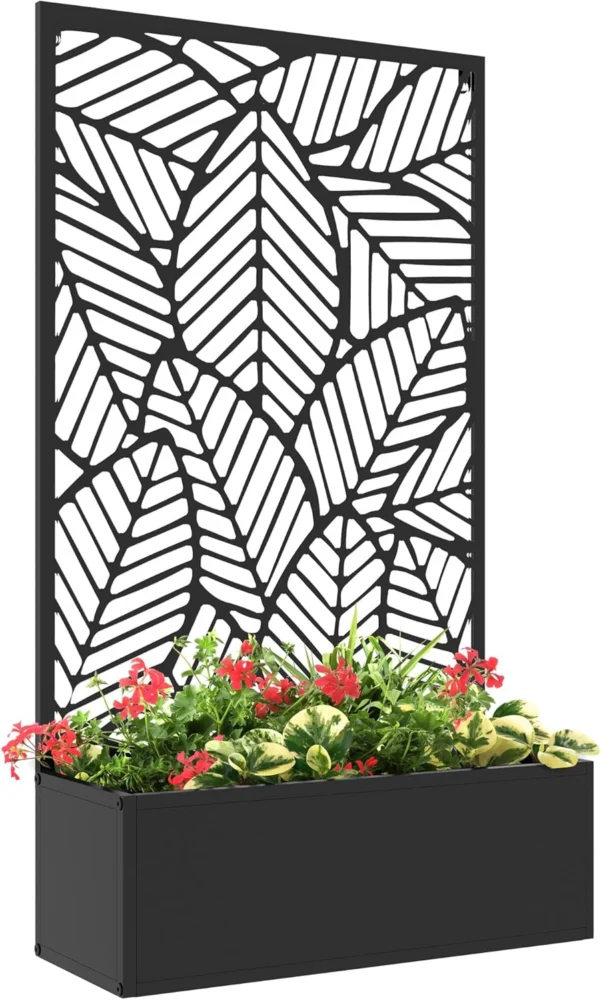 Brise-vue en métal avec jardinière, grandes feuilles, noir