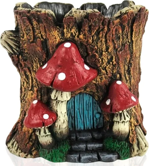 Cache-pot en béton peint façon tronc et champignons