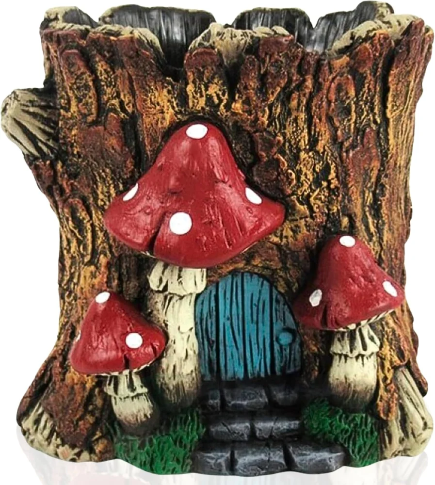 Cache-pot en béton peint façon tronc et champignons