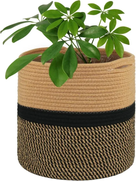 Cache-pot en coton tressé noir et marron, 30 cm