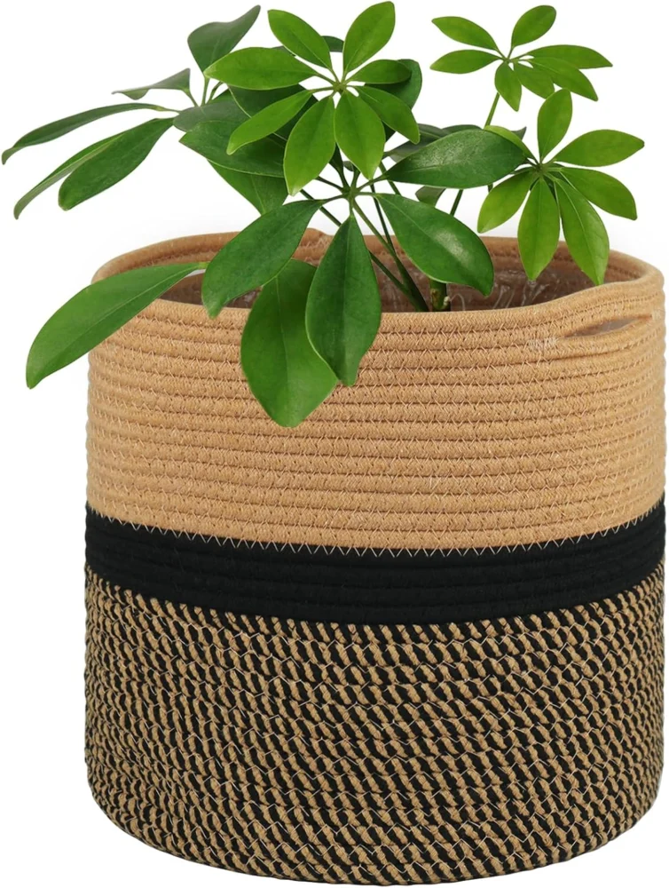 Cache-pot en coton tressé noir et marron, 30 cm