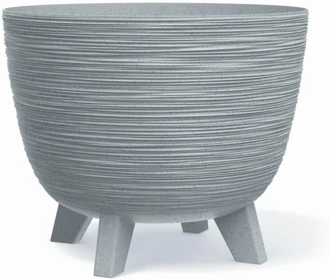 Cache-pot sur pieds strié gris, insert inclus, 32 cm
