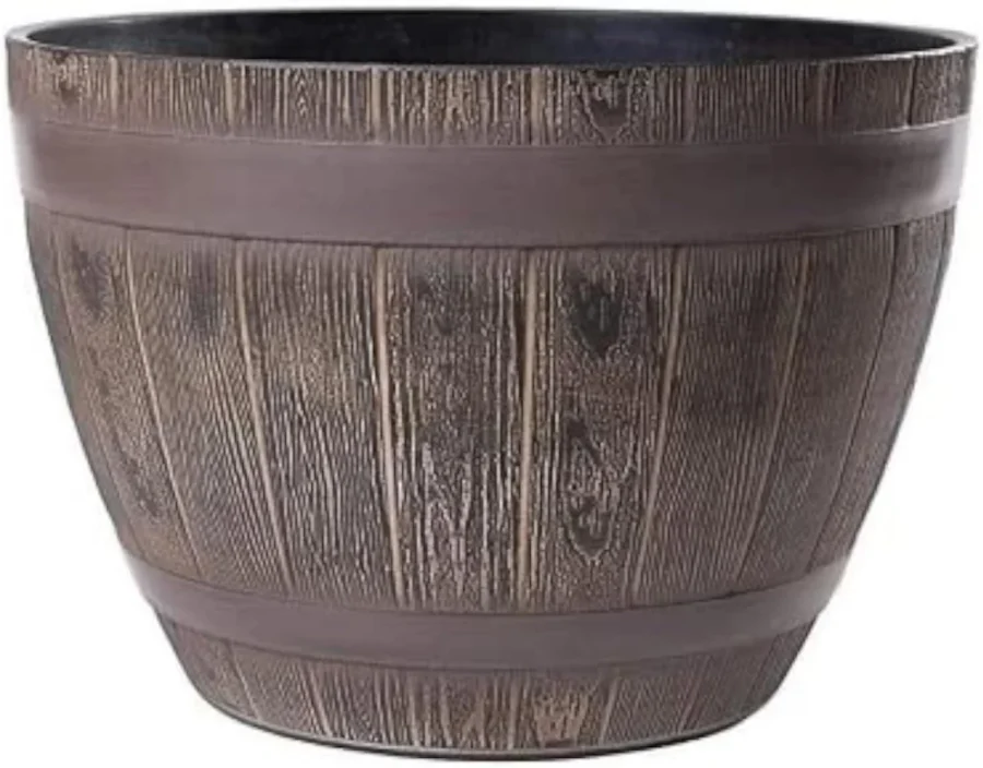 Cache-pot tonneau imitation bois chêne, 38 cm