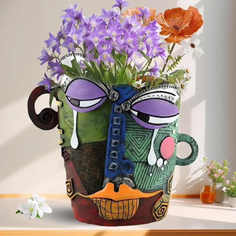 Cache-pot visage abstrait en résine vert et violet
