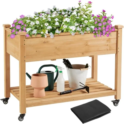 Carré à plantes mobile sur roulettes, avec étagère