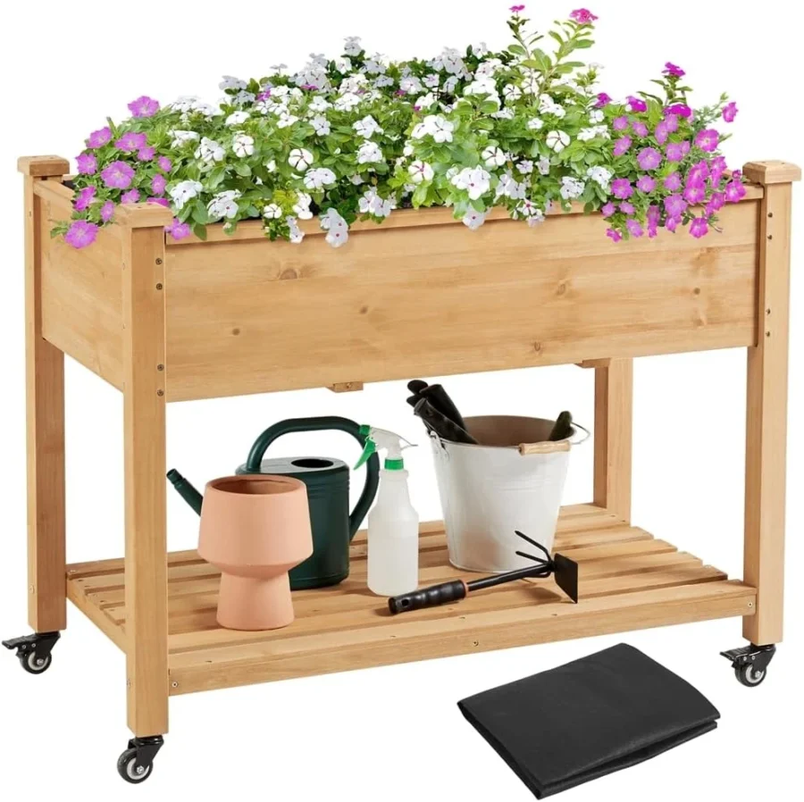 Carré à plantes mobile sur roulettes, avec étagère