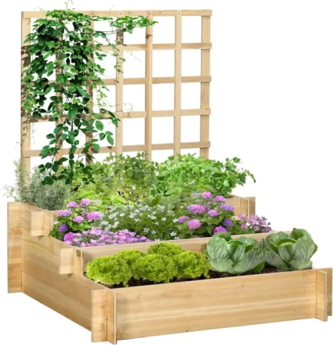 Carré potager à 3 étages avec treillis, bois naturel