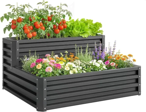 Carré potager à deux niveaux, fond ouvert, 120 cm, gris