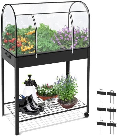Carré potager sur roulettes avec bâche mini serre