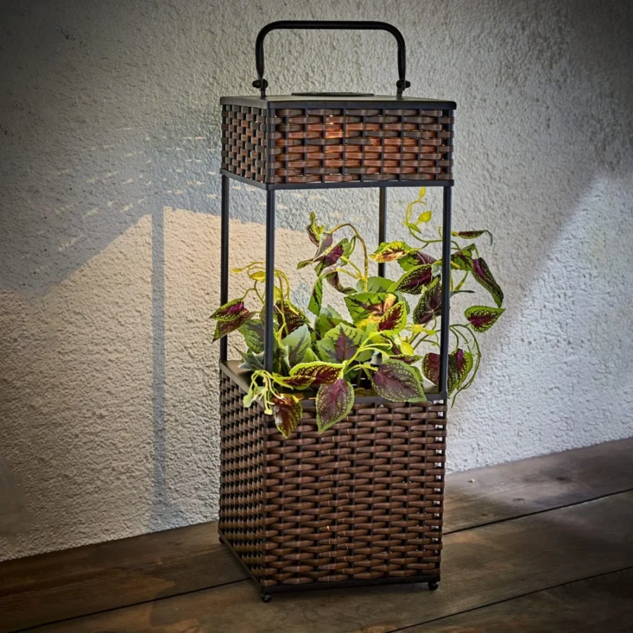 Colonne solaire à LED pour pot de fleurs, rotin, 50 cm