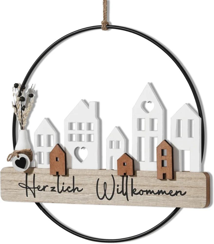 Couronne de porte en bois avec fleurs séchées, noir et blanc