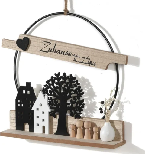 Couronne de porte en bois, plaque décorative 28 cm