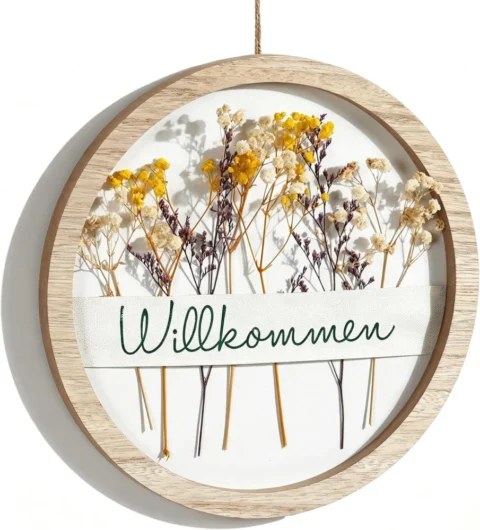 Couronne de porte fleurs séchées, plaque de bienvenue