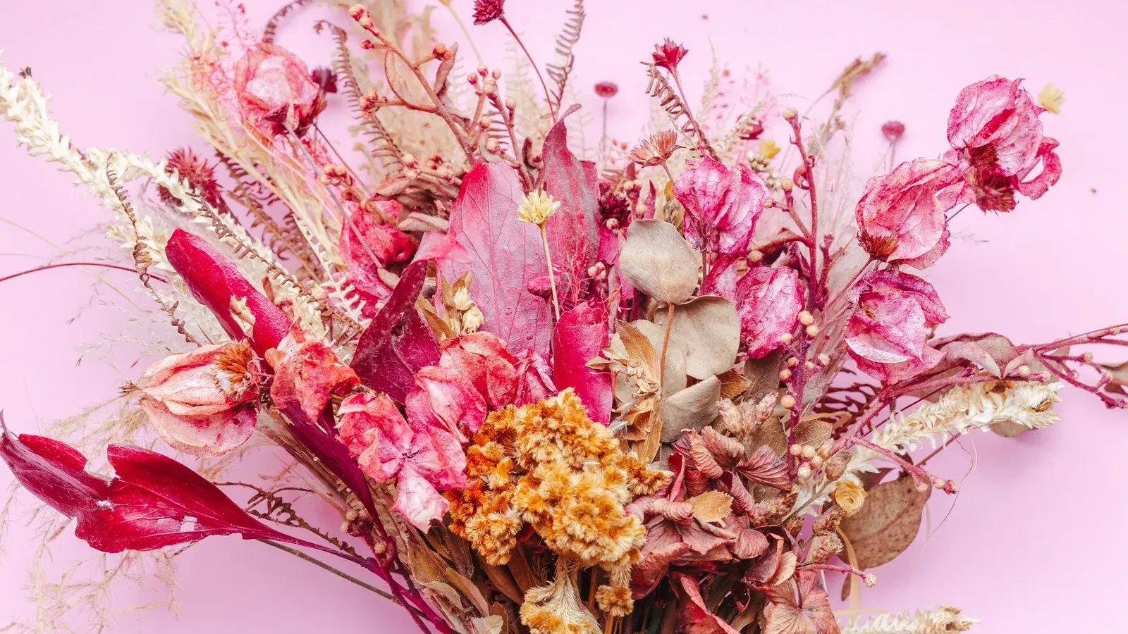Bouquet de fleurs séchées aux tons roses sur fond pastel