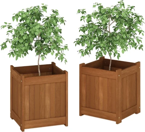 Duo de jardinières carrées en bois, finition teck, sans fond