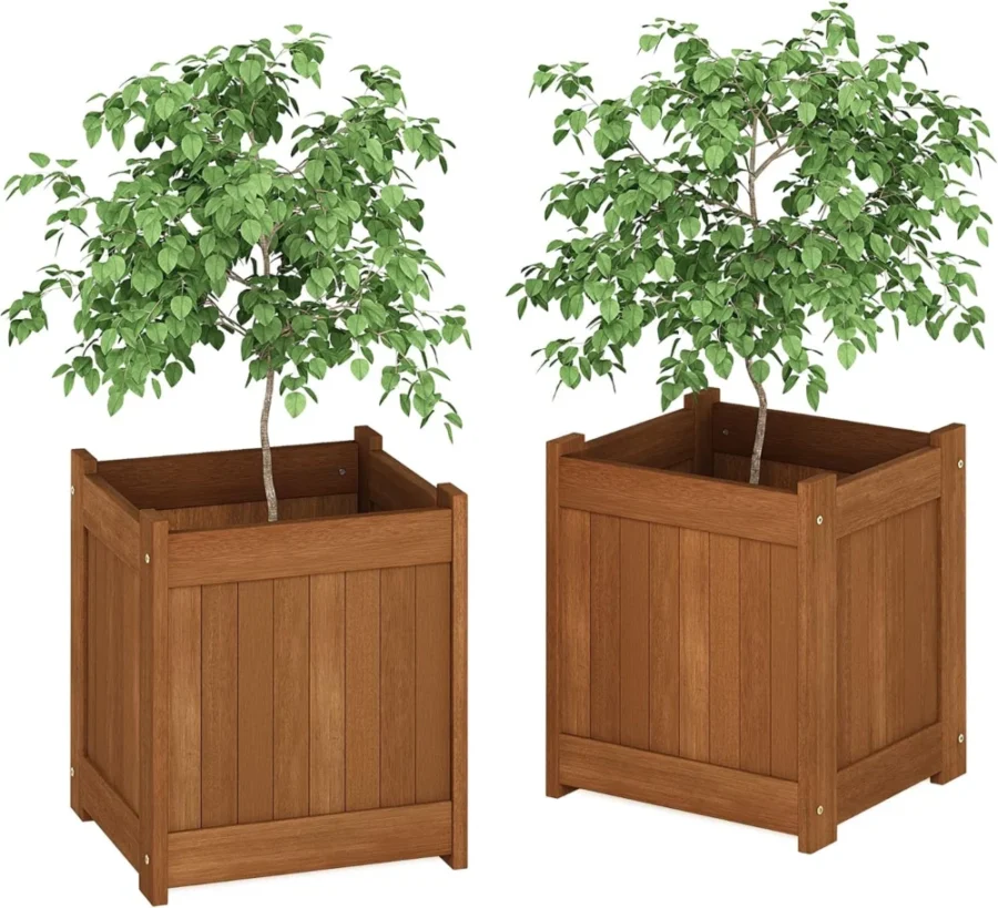 Duo de jardinières carrées en bois, finition teck, sans fond