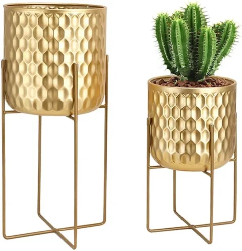 Duo de jardinières métalliques dorées sur pied