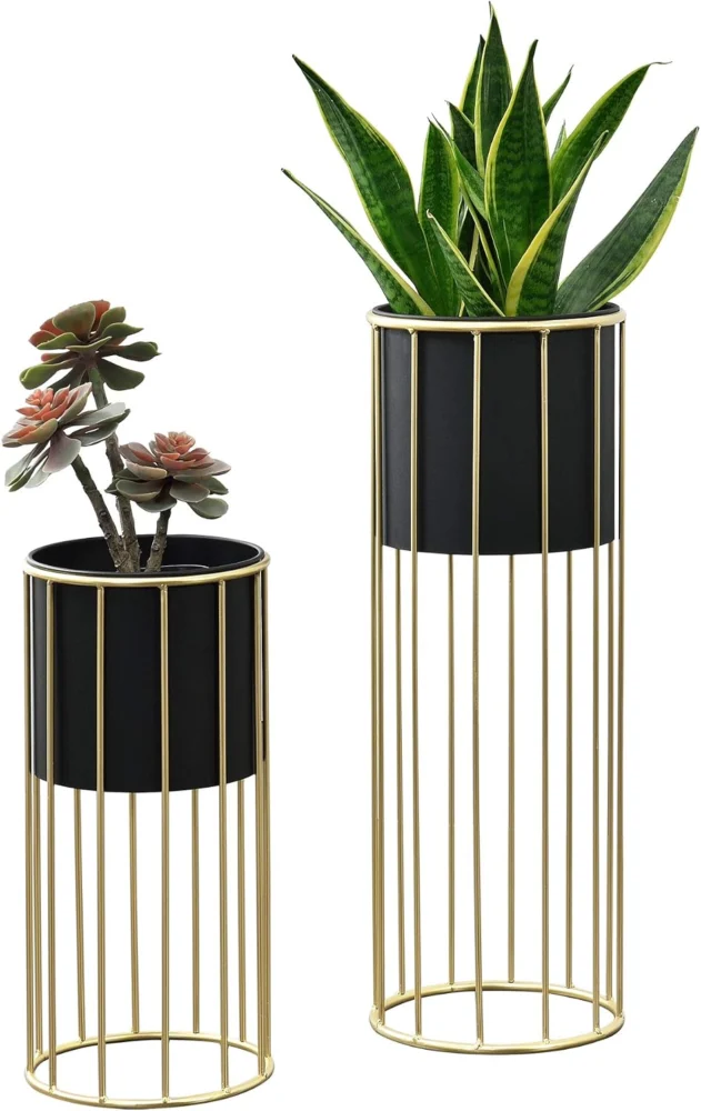 Duo de supports cache-pots en métal doré et noir