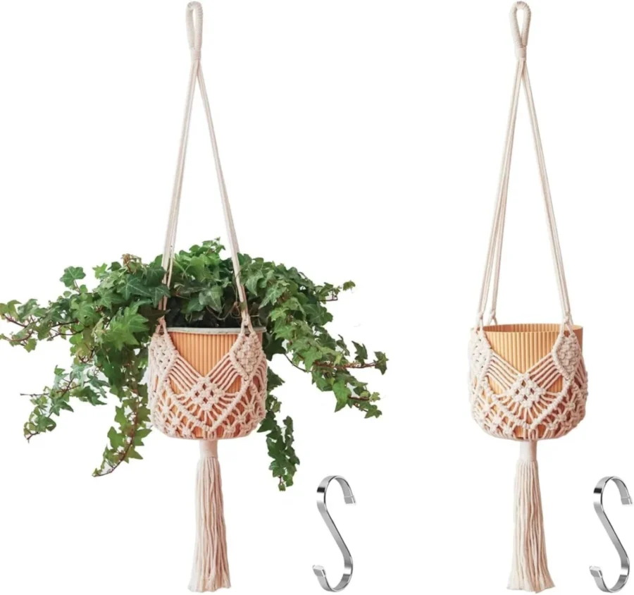 Duo de suspensions macramé beige pour pots muraux