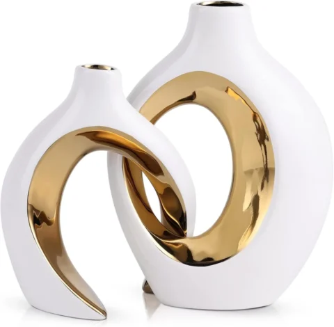 Duo de vases en céramique blanc et doré, couple