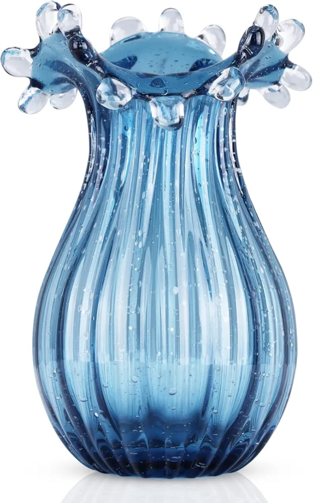 Duo de vases en verre soufflé bleu transparent