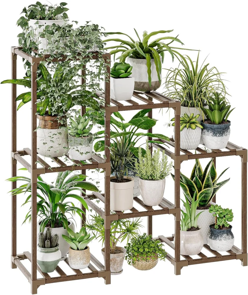 Échelle à plantes en bois naturel, 3 niveaux, 7 pots