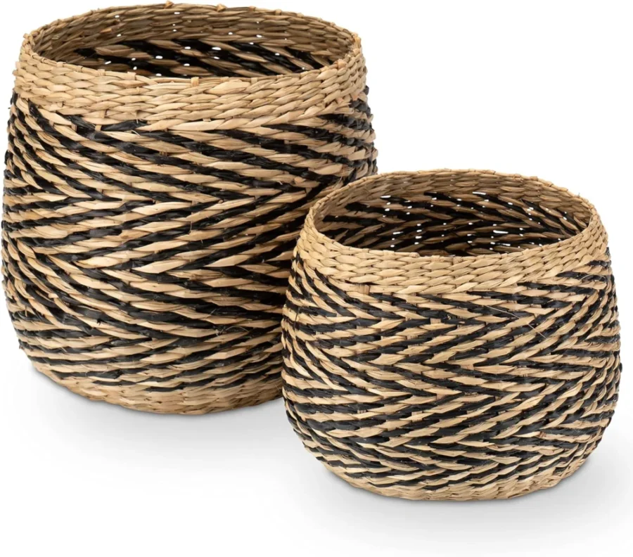 Ensemble de 2 paniers tressés en jonc, naturel et noir