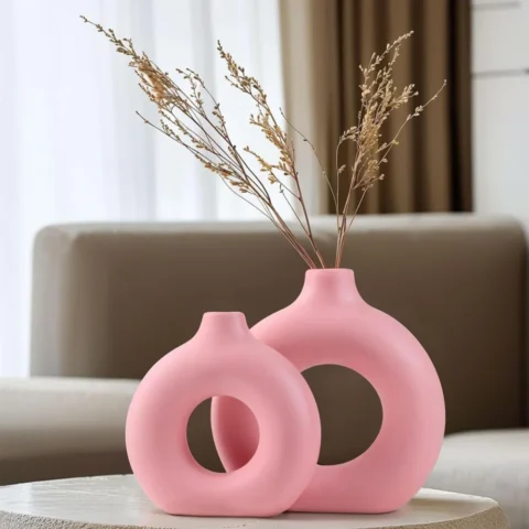 Ensemble de 2 vases donuts en céramique rose