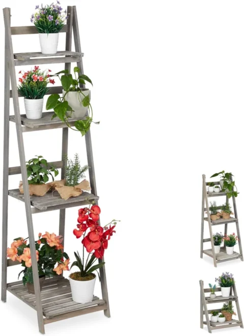 Escalier à fleurs pliant en bois gris, 4 niveaux