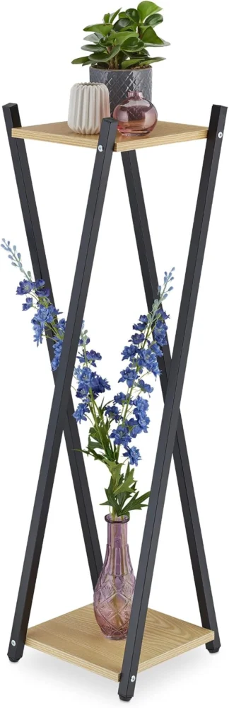 Étagère à plantes 2 surfaces effet bois, colonne noire