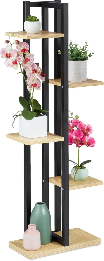 Étagère à plantes 5 niveaux, cadre métal et bois