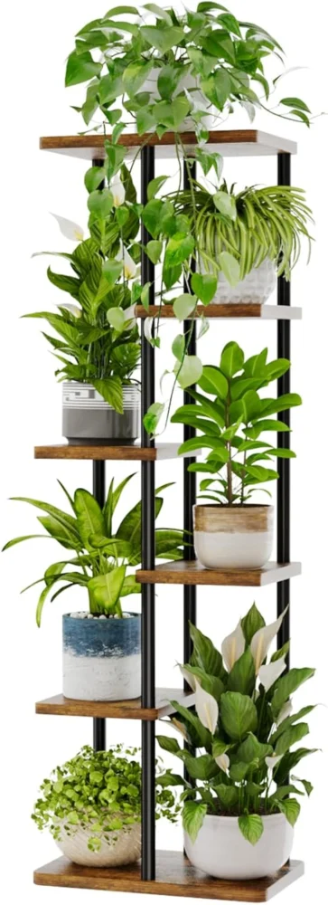Étagère à plantes 6 niveaux en métal et bois, brun