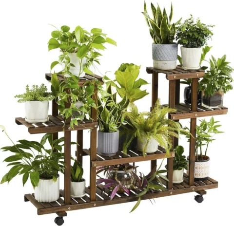 Étagère à plantes en bois avec roulettes, 6 tablettes
