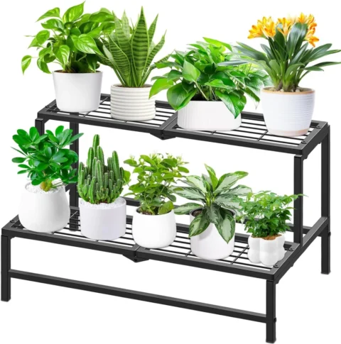 Étagère à plantes en métal noir, 2 niveaux