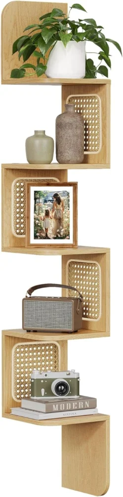 Étagère d’angle flottante zigzag 5 niveaux, chêne beige