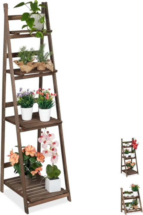Étagère escalier fleurs pliable en bois, 4 niveaux