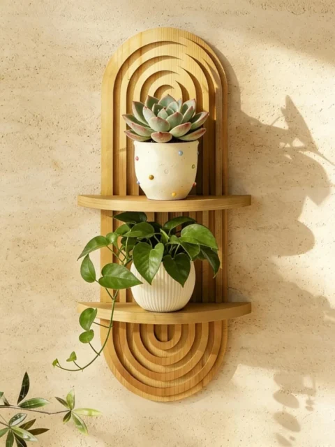 Étagère murale bohème en bois naturel, 2 niveaux