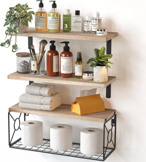 Étagère murale en bois avec panier métallique, naturel