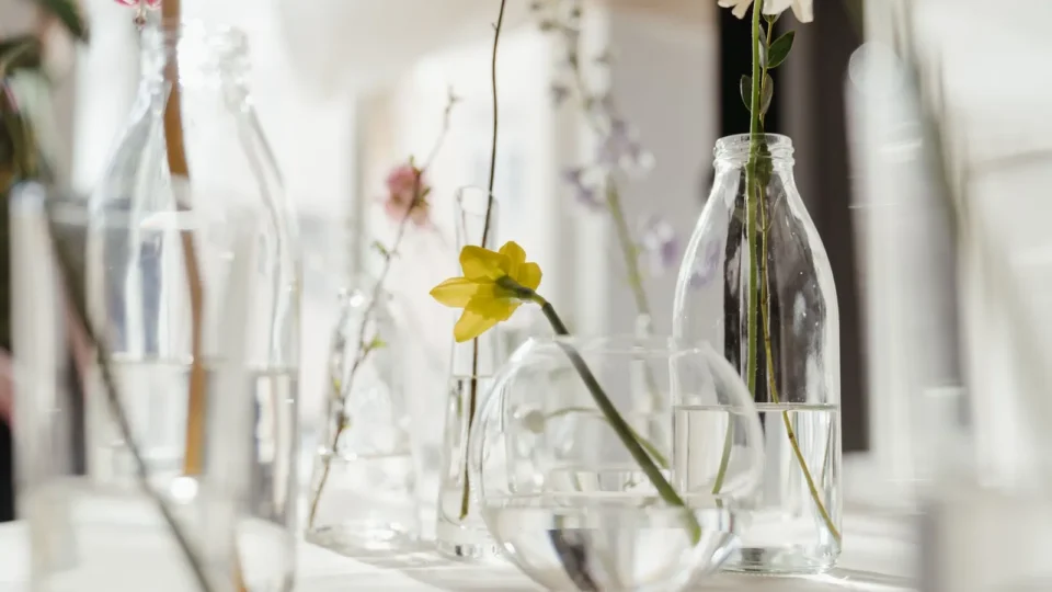 Vases de tailles différentes garnis de branches et de fleurs