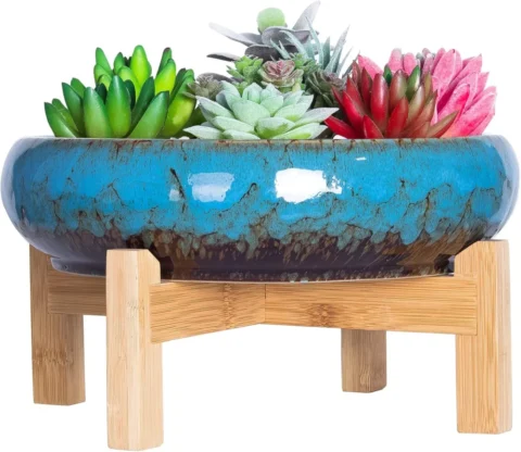 Grand pot rond en céramique bleue pour succulentes