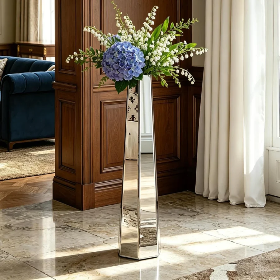 Grand vase de sol miroir argenté, 76 cm de haut