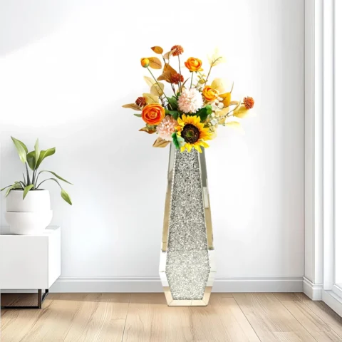 Grand vase de sol miroir argenté à facettes, 68 cm
