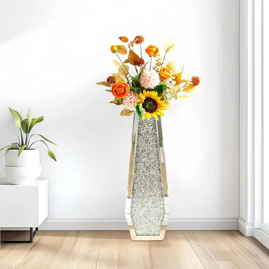 Grand vase de sol miroir argenté à facettes, 68 cm