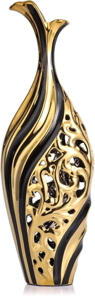Grand vase de sol noir et or ajouré, 50 cm