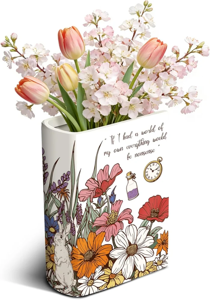 Grand vase livre en céramique, champignons et lapins