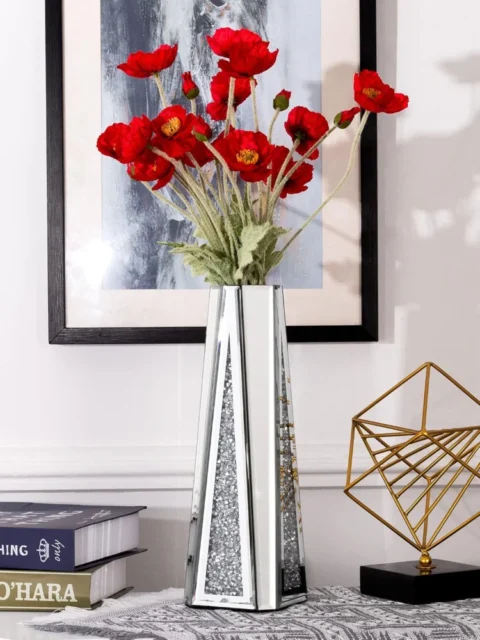 Grand vase miroir argenté à facettes, 33 cm